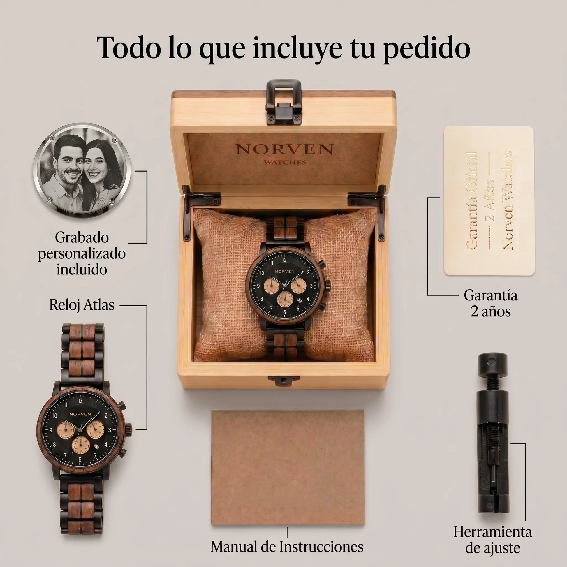 Contenido del pedido Reloj Atlas Norven: grabado personalizado, caja de madera, garantía 2 años, herramienta de ajuste